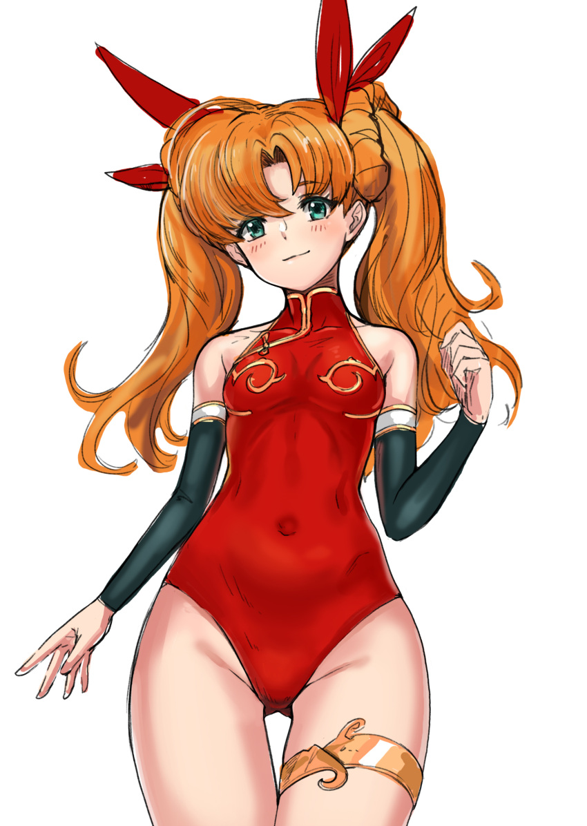 absurdres aqua_eyes bangs bare_shoulders blush bow breasts closed_mouth commentary_request covered_navel gold_trim hair_bow highleg highleg_leotard highres langrisser langrisser_iii leotard long_hair looking_at_viewer mhg_(hellma) orange_hair red_leotard simple_background sleeveless small_breasts smile solo thigh_strap thighs tiaris_(langrisser) tied_hair turtleneck twintails white_background