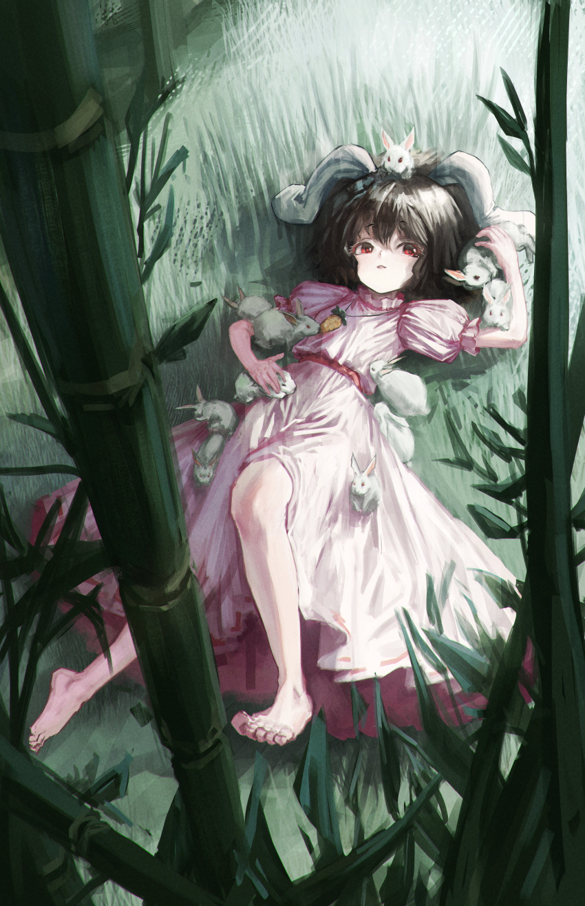 1girl absurdres animal_ears bamboo barefoot black_hair carrot carrot_necklace dress forest frilled_dress frilled_sleeves frills grass highres inaba_tewi looking_at_viewer nature nepperoni pink_dress puffy_short_sleeves puffy_sleeves rabbit rabbit_ears rabbit_tail red_eyes ribbon-trimmed_dress short_hair short_sleeves skirt smile solo tail touhou wavy_hair