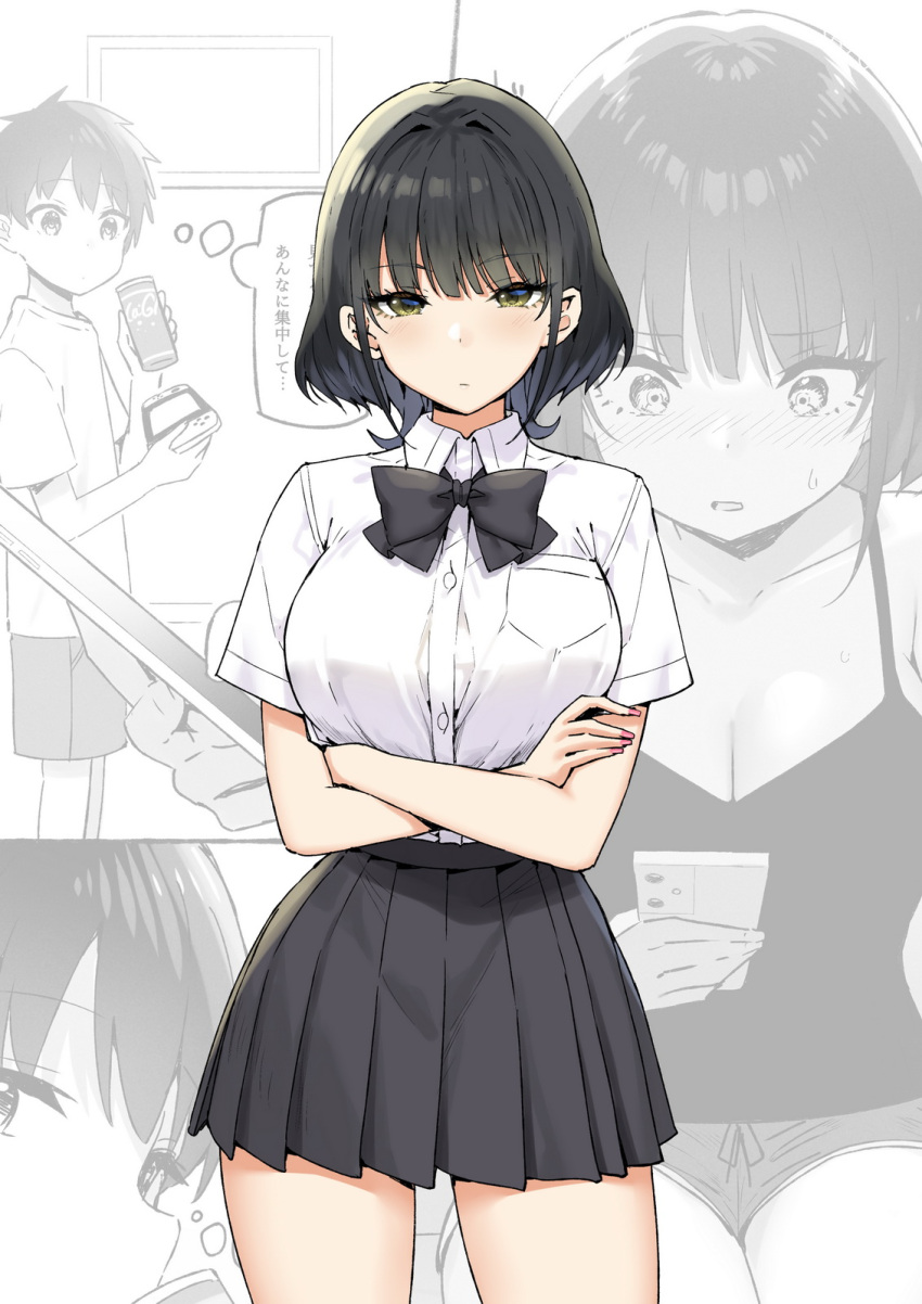 1boy 1girl bangs black_bow black_bowtie black_hair black_skirt blush bow bowtie breast_pocket closed_mouth collared_shirt cowboy_shot crossed_arms eyebrows_visible_through_hair highres large looking_at_viewer multiple_views original parted_lips pocket school_uniform shirt shirt_tucked_in short_hair short_sleeves skirt sky-freedom thighs white_shirt