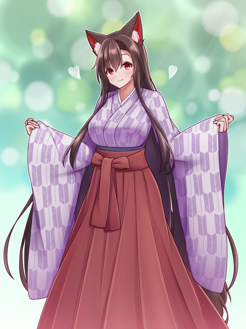 1girl :d alternate_costume animal_ear_fluff animal_ears bangs blurry blurry_background bokeh breasts brown_hair closed_mouth commentary_request depth_of_field eyebrows_visible_through_hair eyes_visible_through_hair full_body hakama hashi2387 heart highres imaizumi_kagerou japanese_clothes kimono large_breasts long_hair long_sleeves looking_at_viewer pink_kimono red_eyes sleeves_past_wrists smile solo standing touhou very_long_hair wide_sleeves wolf_ears wolf_girl yagasuri