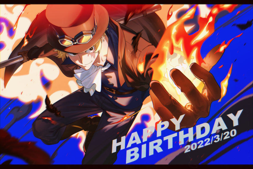 1boy ascot blonde_hair coat eyewear_on_headwear fire happy_birthday hat highres holding holding_pipe holding_weapon long_sleeves male_focus one_piece pipe qin_(7833198) sabo_(one_piece) scar scar_on_face smile solo weapon