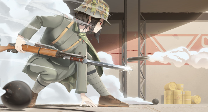 absurdres action bayonet black_hair bolt_action bomb girls_frontline hat helmet highres load_bearing_equipment military military_hat military_uniform mondragon_m1908_(girls'_frontline) mondragon_rifle puttee smoke squatting uniform weapon