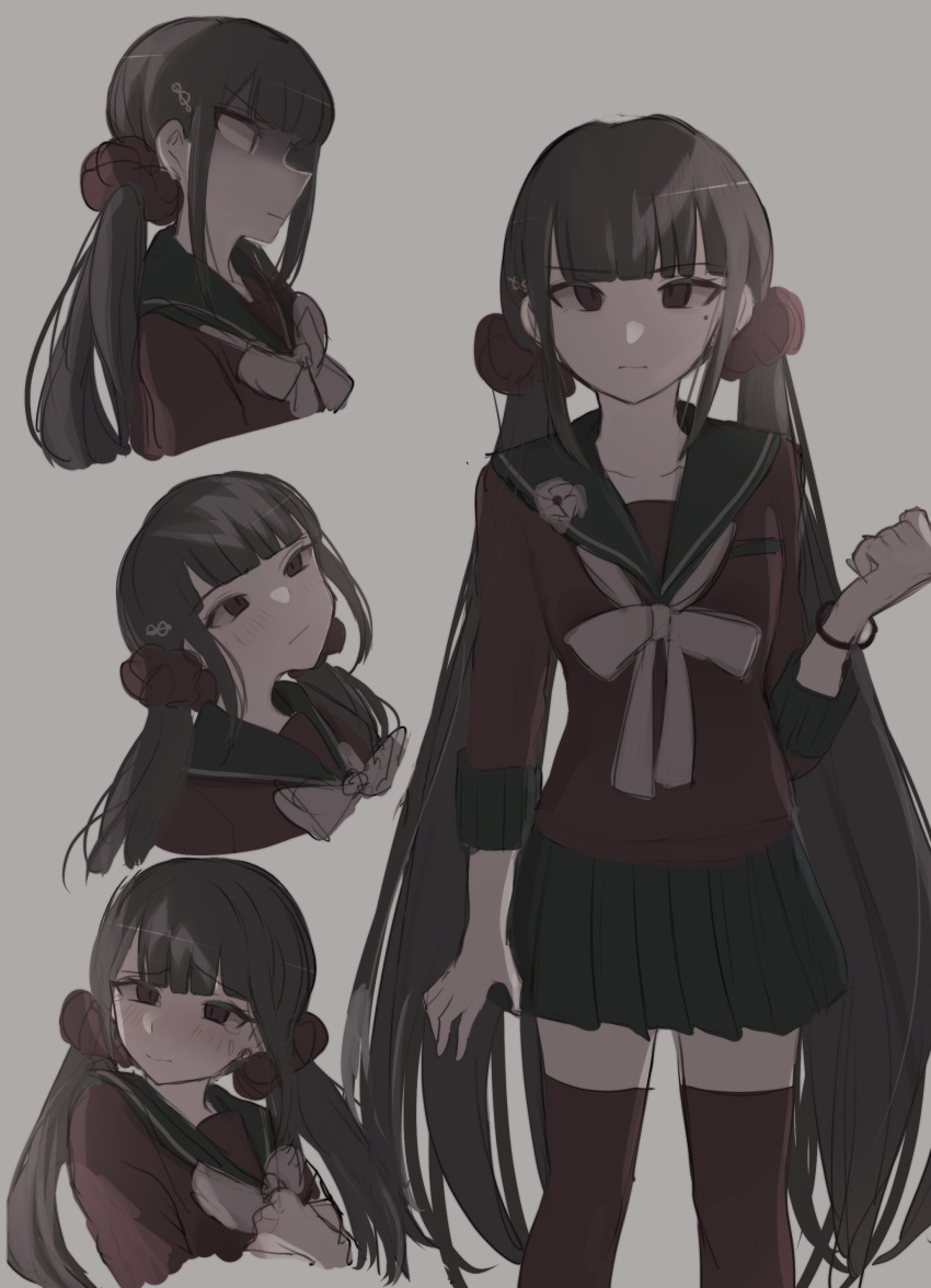 1girl 5_106y absurdres bangs black_sailor_collar blush bow bowtie clenched_hand closed_mouth cropped_torso danganronpa_(series) danganronpa_v3:_killing_harmony eyebrows_visible_through_hair hair_ornament hand_up harukawa_maki highres long_hair long_sleeves looking_at_viewer low_twintails miniskirt mole mole_under_eye multiple_views pleated_skirt red_eyes red_legwear red_scrunchie red_shirt sailor_collar school_uniform scrunchie shirt skirt thigh-highs twintails zettai_ryouiki