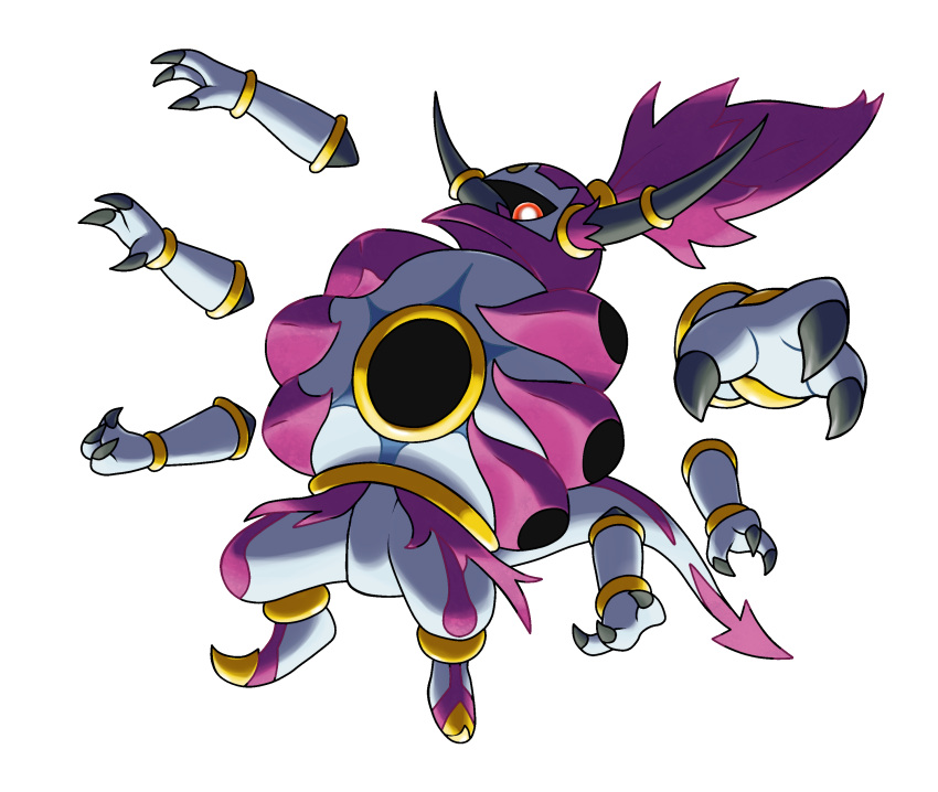 absurdres black_horns bright_pupils claws colored_skin commentary english_commentary extra_arms full_body glowing glowing_eyes grey_skin highres hoopa hoopa_(unbound) horns hyshirey long_hair one-eyed pokemon pokemon_(creature) ponytail purple_hair purple_skin red_eyes solo standing tail underlighting white_pupils