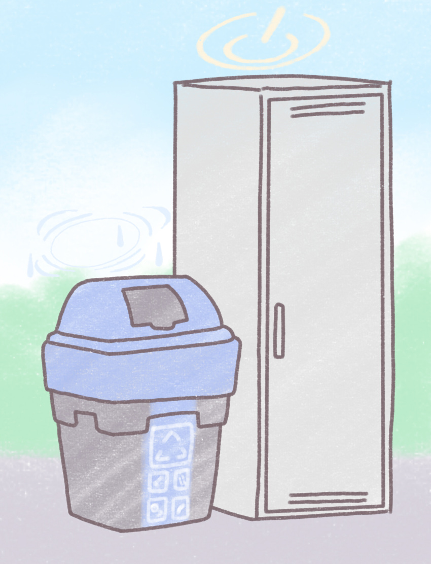 blue_archive blue_background commentary_request door floor full_body halo highres locker midorino_eni miyu_(blue_archive) no_humans pavement recycle_bin simple_background trash_can yuzu_(blue_archive)