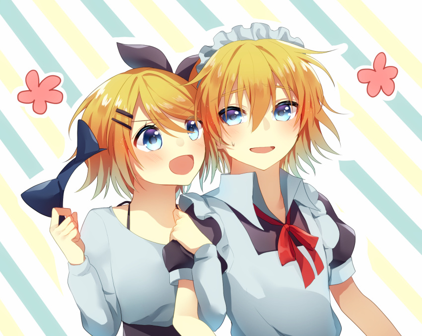 1boy 1girl :d alternate_costume apron arm_grab aryuma772 bangs black_bow blonde_hair blue_eyes bow brother_and_sister collared_shirt crossdressing diagonal_stripes enmaided eyebrows_visible_through_hair grey_shirt hair_between_eyes hair_bow highres holding_hairband kagamine_len kagamine_rin maid maid_headdress neck_ribbon open_mouth red_ribbon ribbon shiny shiny_hair shirt short_hair short_sleeves siblings smile striped sweatdrop vocaloid white_apron wing_collar