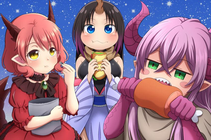 black_hair blue_eyes blush_stickers boned_meat breasts brown_scarf chips choker crossover dragon_girl dragon_horns dragon_tail dress eating elma_(maidragon) fafnir_guildmelag_linda_blair_hanako food gradient_hair green_eyes highres horns jougenmushi kemonomichi kobayashi-san_chi_no_maidragon meat medium_breasts meikyuu_black_company multicolored_hair multiple_crossover off-shoulder_kimono pink_hair pointy_ears potato_chips purple_hair red_dress redhead rimu_(meikyuu_black_company) sandwich scales scarf sharp_teeth single_horn submarine_sandwich tail teeth trait_connection yellow_eyes