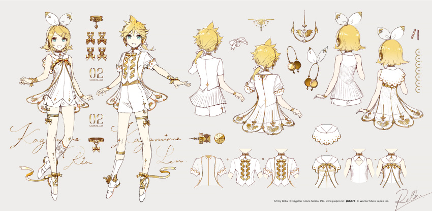 1boy 1girl arrow_(symbol) bangs blonde_hair blue_eyes brother_and_sister collarbone commentary_request dress eyebrows_behind_hair grey_background hair_between_eyes hair_ribbon headphones highres kagamine_len kagamine_rin long_hair miku_symphony_(vocaloid) rella ribbon see-through shirt short_shorts short_sleeves shorts siblings signature simple_background swept_bangs twins vocaloid white_dress white_ribbon white_shirt white_shorts