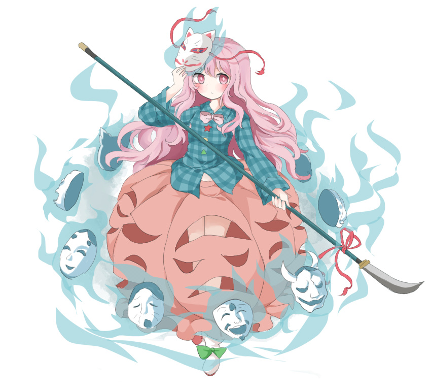 1girl ansoku aqua_shirt bangs bow bowtie bubble_skirt circle closed_mouth expressionless footwear_bow fox_mask full_body green_bow hata_no_kokoro highres holding holding_mask holding_weapon long_hair long_skirt long_sleeves looking_at_viewer mask mask_on_head noh_mask oni_mask pink_bow pink_bowtie pink_eyes pink_hair pink_skirt plaid plaid_shirt polearm red_bow shirt simple_background skirt solo spear standing star_(symbol) touhou triangle weapon white_background white_footwear