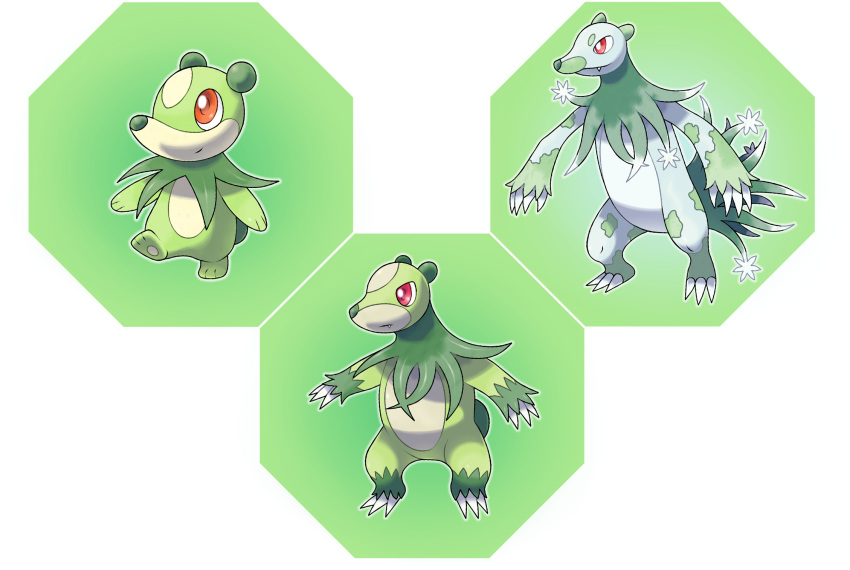 animal_focus bear claws closed_mouth commentary english_commentary evolutionary_line fakemon fang fang_out flower full_body green_background green_theme happy highres hyshirey leg_up no_humans official_style original outline pawpads pokemon sideways_mouth smile standing standing_on_one_leg transparent_border white_flower white_outline