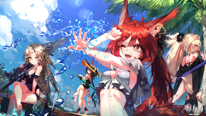 4girls ;d absurdres amiya_(arknights) animal_ears arknights armband bare_legs bare_shoulders barefoot bikini black_swimsuit blonde_hair blue_sky clouds commentary_request day ears_through_headwear fartooth_(arknights) flametail_(arknights) grey_eyes grey_hair gun hat highres holding holding_gun holding_weapon libiadan long_hair multiple_girls one-piece_swimsuit one_eye_closed open_mouth original outdoors redhead sitting sky smile stomach sun_hat swimsuit thighs weapon white_bikini yellow_eyes
