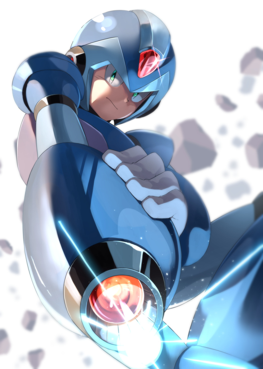 1boy android blurry blurry_background charging_device closed_mouth commentary_request debris glowing green_eyes helmet highres holding light_particles looking_at_viewer male_focus mega_man_(series) mega_man_x_(character) mega_man_x_(series) parco_1315 serious shaded_face shadow solo sparkle wavy_mouth white_background