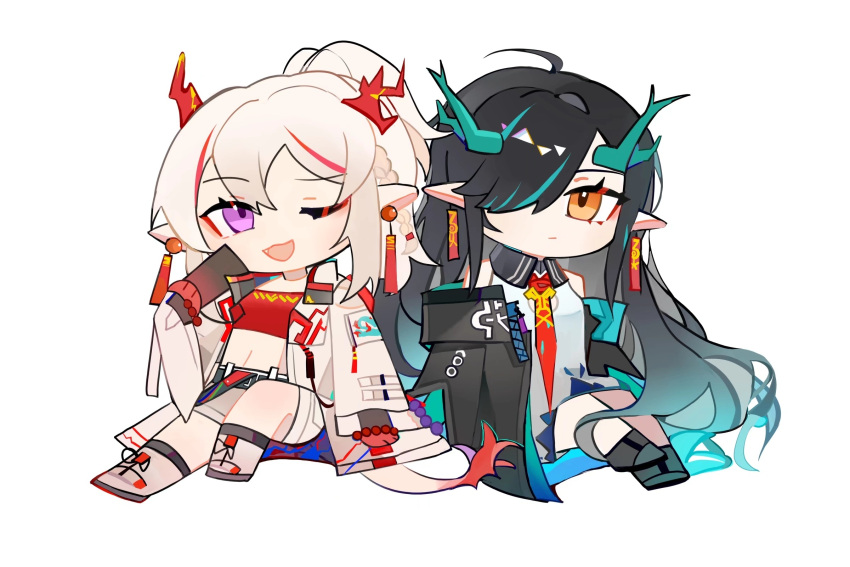 2girls ;d ahoge arknights bare_shoulders belt black_belt black_collar black_footwear black_hair chibi china_dress chinese_clothes cleavage_cutout clothing_cutout collar dragon_girl dragon_horns dragon_tail dress dusk_(arknights) ear_piercing earrings full_body green_hair hair_over_one_eye highres horns jacket jewelry long_hair long_sleeves midriff multicolored_hair multiple_girls navel necktie nian_(arknights) off_shoulder one_eye_closed open_clothes open_jacket open_mouth orange_eyes piercing pointy_ears ponytail red_bandeau red_necktie redhead shoes shorts siblings simple_background sisters sitting sleeveless sleeveless_dress smile streaked_hair tail tassel tassel_earrings violet_eyes white_background white_dress white_footwear white_hair white_jacket white_shorts yingyingyingtazhide