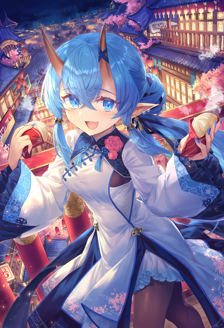 1girl :d absurdres architecture baozi blue_eyes blue_hair brown_legwear china_dress chinese_clothes dress earrings east_asian_architecture fang flower food highres holding jewelry long_hair long_sleeves looking_at_viewer night original outdoors pantyhose pink_flower pointy_ears shichigatsu skin_fang smile solo standing white_dress