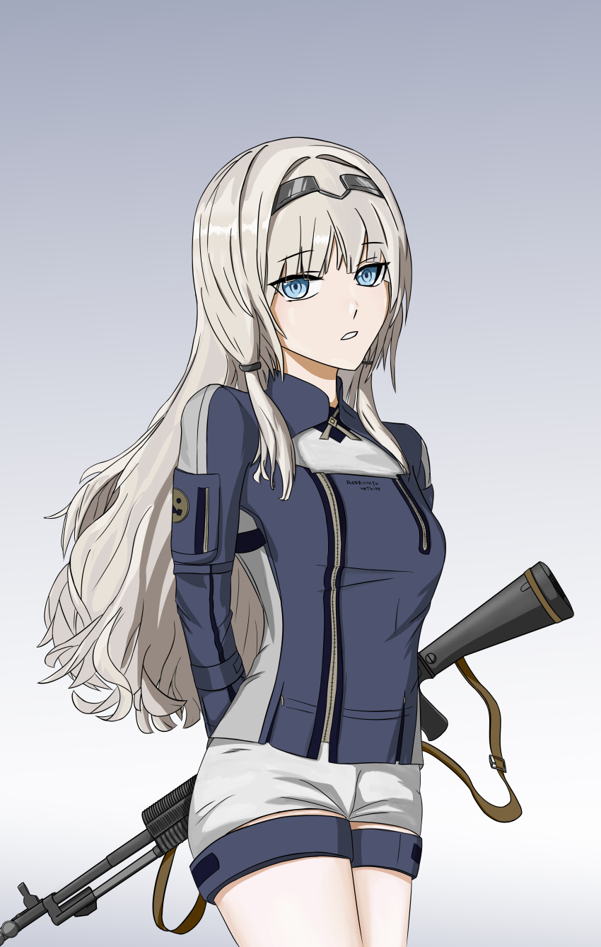 1girl absurdres an-94 an-94_(girls'_frontline) arms_behind_back assault_rifle bangs blonde_hair breasts defy_(girls'_frontline) eyebrows_visible_through_hair feet_out_of_frame girls_frontline gun hair_ornament hairband hairclip highres holding holding_gun holding_weapon light_blue_eyes long_hair looking_at_viewer open_mouth rifle simple_background small_breasts solo standing tactical_clothes teeth violetcreed weapon