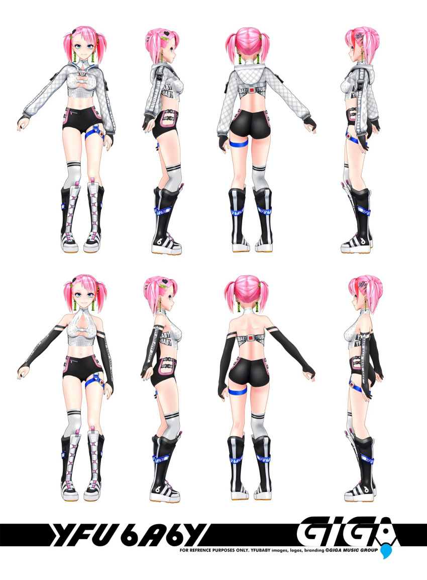 1girl 3d black_gloves blue_eyes character_name character_sheet digitrevx earrings elbow_gloves english_commentary gloves grey_hoodie halter_top halterneck highres hood hoodie indie_virtual_youtuber jewelry multiple_views official_art open_hand parted_lips partially_fingerless_gloves smile twintails virtual_youtuber white_background yfu