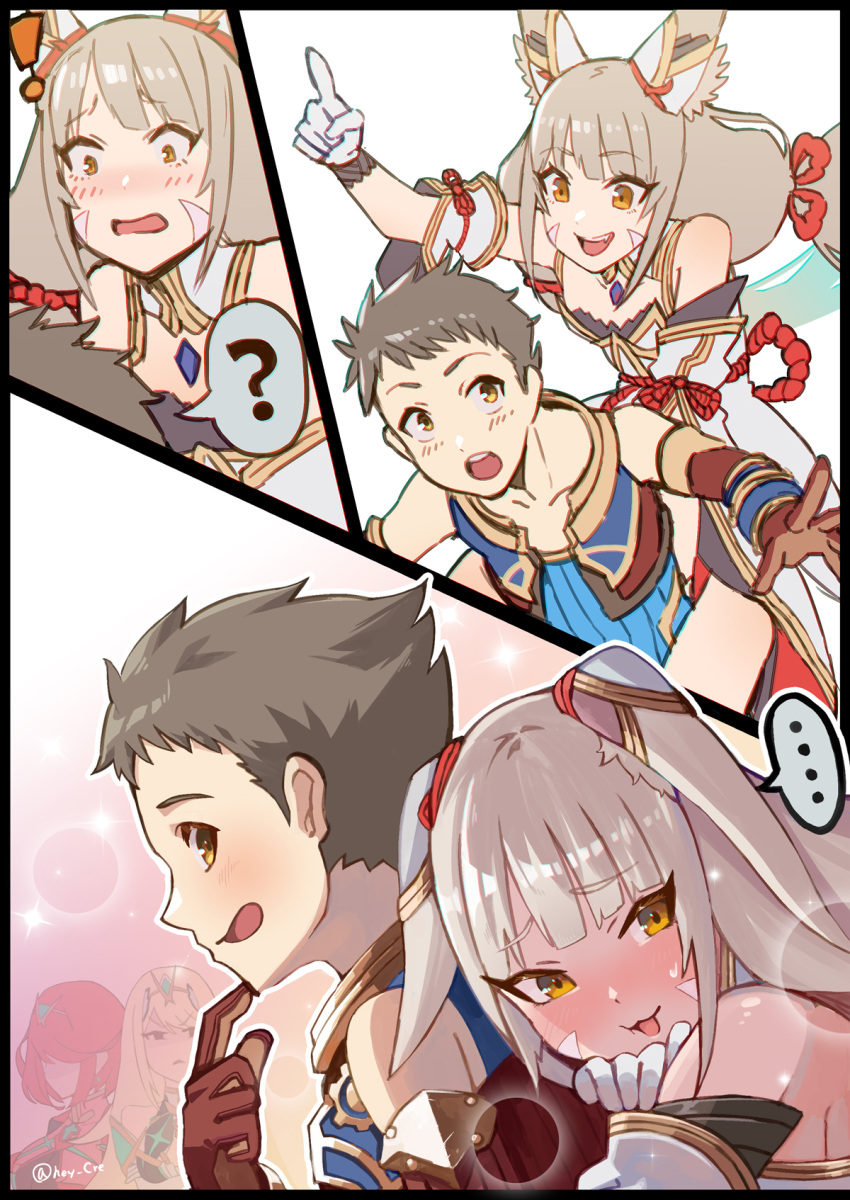 1boy 3girls animal_ears bangs blunt_bangs blush bodysuit cat_ears facial_mark flat_chest gloves hey_cre highres multiple_girls mythra_(xenoblade) nia_(xenoblade) pyra_(xenoblade) rex_(xenoblade) short_hair silver_hair white_gloves xenoblade_chronicles_(series) xenoblade_chronicles_2 yellow_bodysuit yellow_eyes