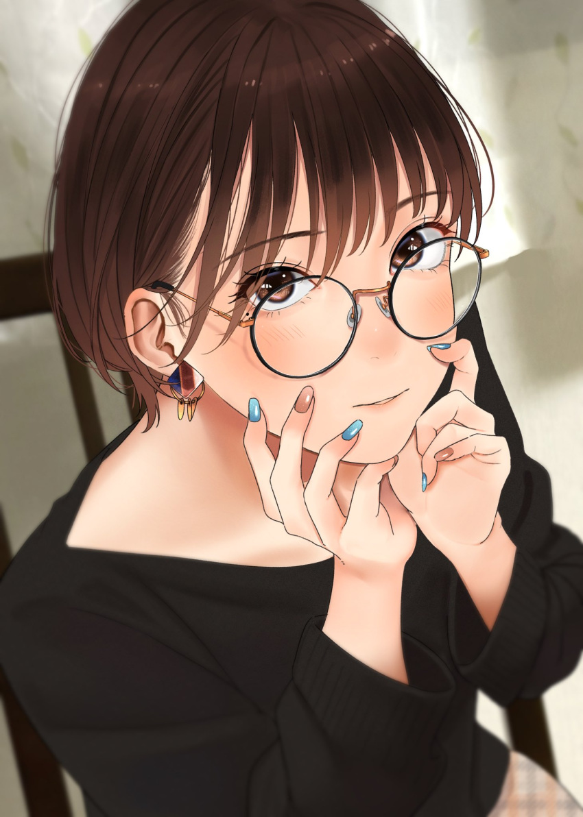 1girl bangs black-framed_eyewear black_shirt blurry blurry_background blush brown_eyes brown_hair chair earrings glasses hands_on_own_face hands_up highres jewelry long_sleeves looking_at_viewer looking_up nail_polish original parted_lips round_eyewear saitou_(lynx-shrike) shirt short_hair sitting solo