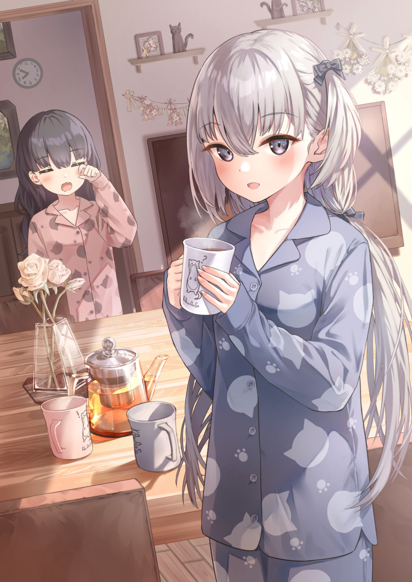 2girls animal_print bangs black_hair blush cat_print chair clock collarbone commentary_request cup eyebrows_visible_through_hair fang flower grey_eyes grey_hair hair_between_eyes hair_rollers highres holding holding_cup indoors long_hair looking_at_viewer morning multiple_girls namikishiho open_mouth original pajamas paw_print paw_print_pattern print_pajamas rose shelf skin_fang smile standing table teapot television vase wall_clock white_flower white_rose wooden_floor yawning