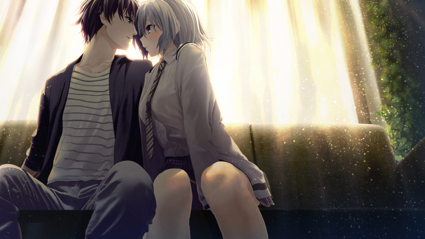 1boy 1girl ai_(re:lief) black_jacket blush breasts brown_eyes brown_hair closed_mouth collarbone collared_shirt couple dress_shirt eye_contact game_cg grey_pants hetero imminent_kiss indoors jacket kurono_mitsuki leaning_forward light_particles long_sleeves looking_at_another medium_breasts miniskirt necktie nitta_minami open_clothes open_jacket pants re:lief_~shin'ai_naru_anata_e~ shirt short_hair silver_hair skirt striped striped_shirt white_shirt wing_collar