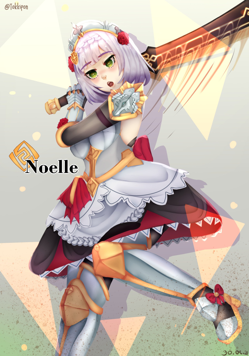 1girl absurdres apron armor armored_boots armored_dress boots braid fighting flower gauntlets genshin_impact greatsword green_eyes highres holding holding_sword holding_weapon maid maid_apron maid_headdress noelle_(genshin_impact) petals rose rose_petals solo sword weapon white_hair