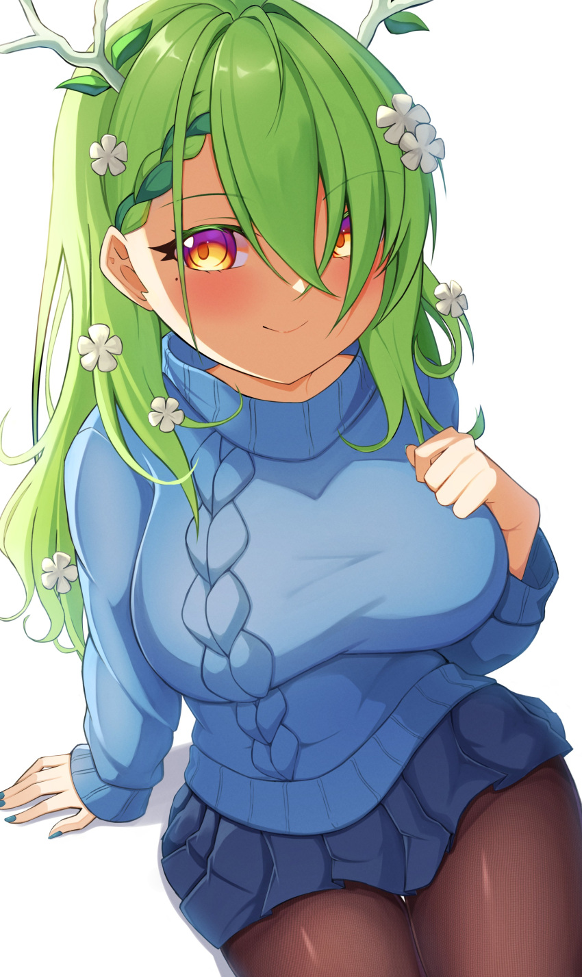1girl absurdres bangs breasts ceres_fauna fingernails flower green_hair hair_flower hair_ornament highres hololive hololive_english large_breasts leaning long_sleeves looking_at_viewer looking_to_the_side looking_up medium_hair miniskirt pantyhose rooby_n sitting skirt smile straight_hair sweater thigh_gap turtleneck turtleneck_sweater yellow_eyes