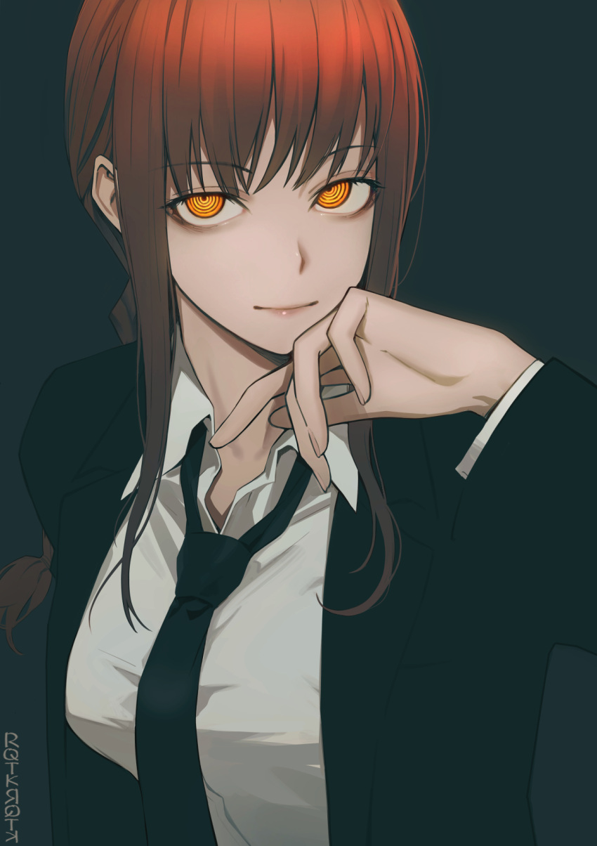 1girl bangs black_background black_necktie braid braided_ponytail breasts chainsaw_man collared_shirt highres long_coat long_hair long_sleeves looking_at_viewer makima_(chainsaw_man) medium_breasts necktie redhead ringed_eyes rqtkrqtk shirt smile solo white_shirt yellow_eyes