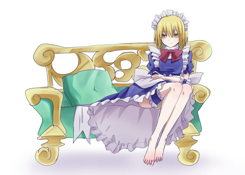 1girl apron back_bow bare_legs barefoot blonde_hair blue_dress bow bowtie commentary_request couch dress frilled_dress frills fuwafurin highres leg_garter maid_headdress mugetsu_(touhou) red_bow red_bowtie short_hair short_sleeves simple_background sitting thigh_strap toes touhou touhou_(pc-98) waist_apron white_apron white_background white_bow