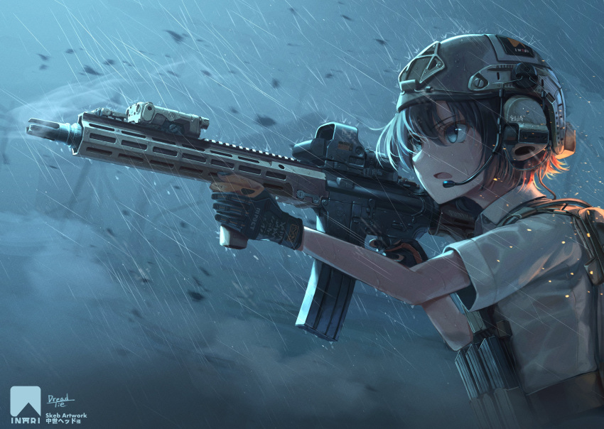 1girl absurdres artist_logo artist_name assault_rifle bangs black_gloves black_hair blue_eyes borrowed_character dreadtie dress_shirt english_text fn_scar gloves gun harness headset helmet highres holding holding_gun holding_weapon kenzaki_akane looking_to_the_side magazine_(weapon) night open_mouth outdoors overcast rain rifle shirt short_hair short_sleeves signature solo weapon white_shirt wind