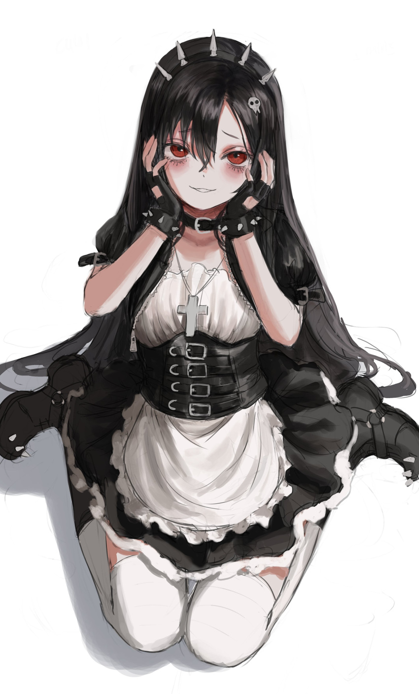 1girl absurdres apron black_footwear black_hair blush boots breasts corset cross dress fingerless_gloves frills full_body gloves gold_can hair_between_eyes hairband highres long_hair looking_at_viewer maid_apron original puffy_sleeves red_eyes short_sleeves simple_background sitting skirt smile solo spikes thigh-highs very_long_hair waist_apron wariza white_apron white_background white_legwear
