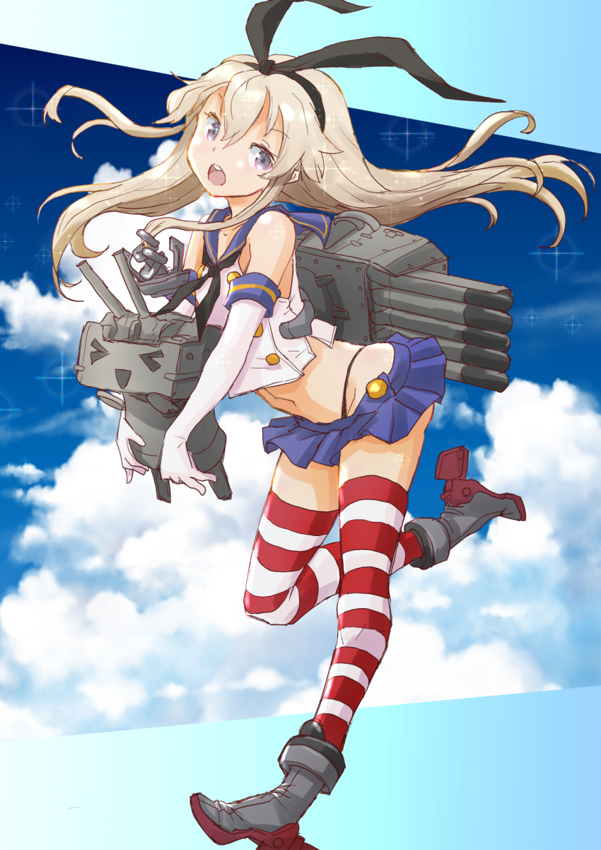1girl anchor_hair_ornament black_hairband black_neckerchief black_panties blonde_hair blue_sailor_collar blue_sky chestnut_mouth clouds commentary_request crop_top elbow_gloves fuji_(pixiv24804665) gloves grey_eyes hair_ornament hairband highleg highleg_panties highres kantai_collection long_hair microskirt miniskirt neckerchief open_mouth panties rensouhou-chan round_teeth sailor_collar shimakaze_(kancolle) skirt sky solo striped striped_legwear teeth thigh-highs underwear upper_teeth white_gloves