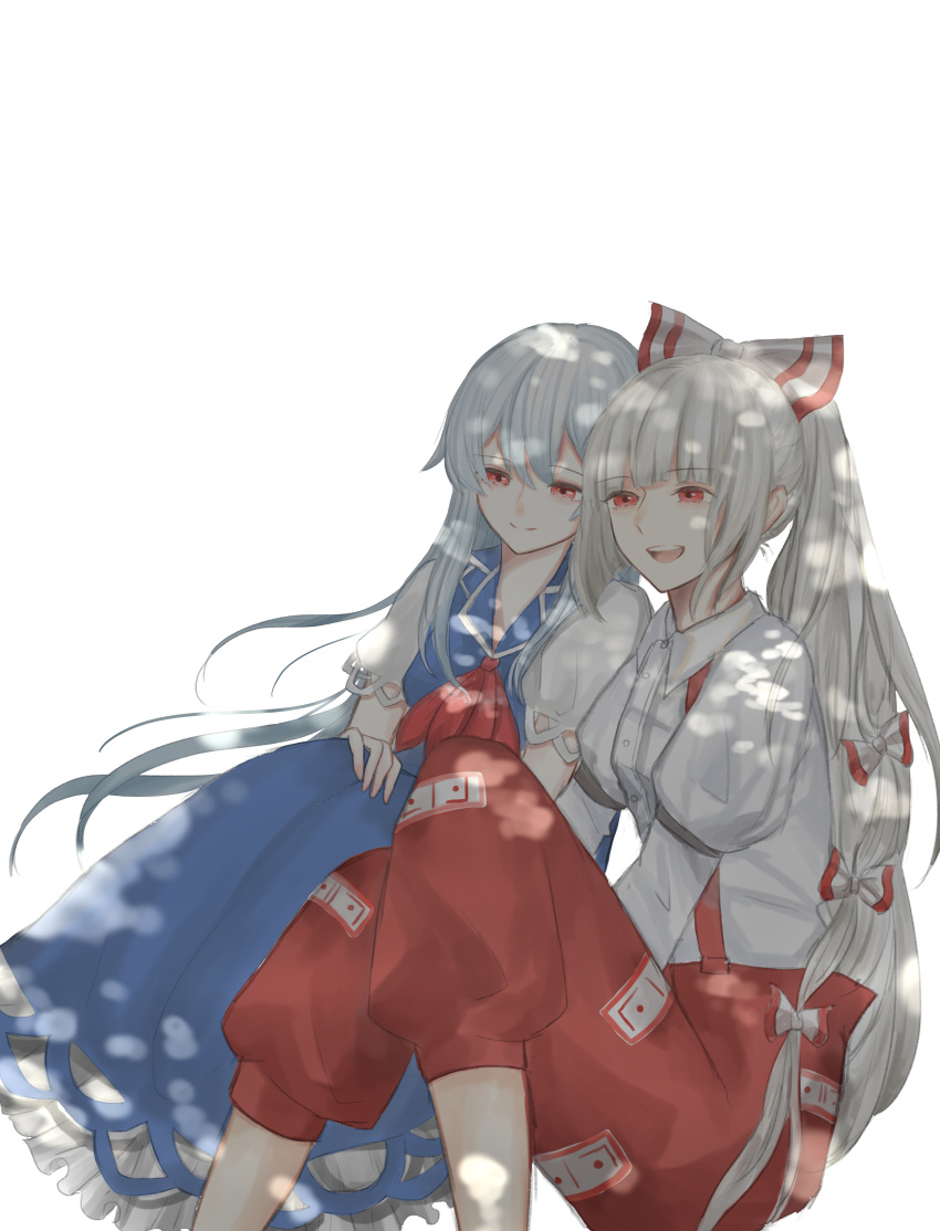 2girls :d absurdres bangs blue_dress blunt_bangs bow closed_mouth collared_shirt commentary dress eyebrows_visible_through_hair feet_out_of_frame frilled_dress frills fujiwara_no_mokou hair_bow hands_on_lap hibarin_(eastkin) highres juliet_sleeves kamishirasawa_keine knees_together_feet_apart leaning_on_person leaning_to_the_side long_hair long_sleeves multiple_girls neckerchief no_hat no_headwear ofuda ofuda_on_clothes open_mouth pants ponytail puffy_short_sleeves puffy_sleeves red_eyes red_neckerchief red_pants shirt short_sleeves silver_hair simple_background sitting smile suspenders teeth touhou upper_teeth very_long_hair white_background white_bow white_hair white_shirt