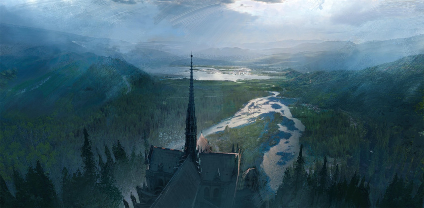 architecture brush_stroke church city clouds cloudy_sky fantasy gothic_architecture highres lake light_particles light_rays mountain mountainous_horizon nature no_humans original photo_background pine_tree river scenery sky tower tree ya_yan