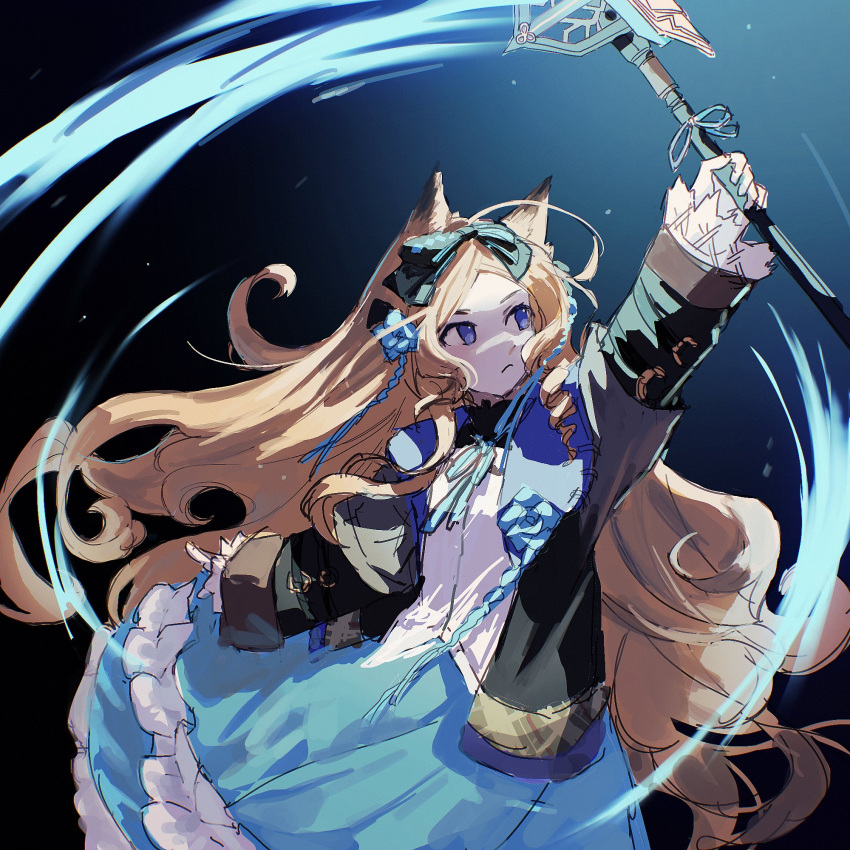 1girl animal_ears arknights black_background black_jacket blue_background blue_bow blue_dress blue_eyes blue_flower bow brown_hair cat_ears cowboy_shot dress drill_hair flower frilled_dress frills gloves gradient gradient_background hair_bow hair_flower hair_ornament hand_up highres holding holding_staff iris_(arknights) jacket long_hair long_sleeves mayf42 open_clothes open_jacket solo staff two-tone_dress very_long_hair white_dress white_gloves