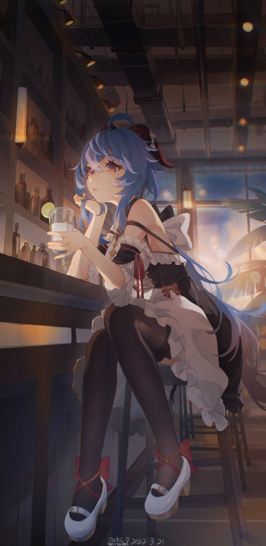 1girl absurdres bar bare_shoulders black_legwear blue_hair bow chair drink ganyu_(genshin_impact) genshin_impact glass high_heels highres horns indoors long_hair looking_to_the_side maid parted_lips sitting solo swkl:d very_long_hair violet_eyes