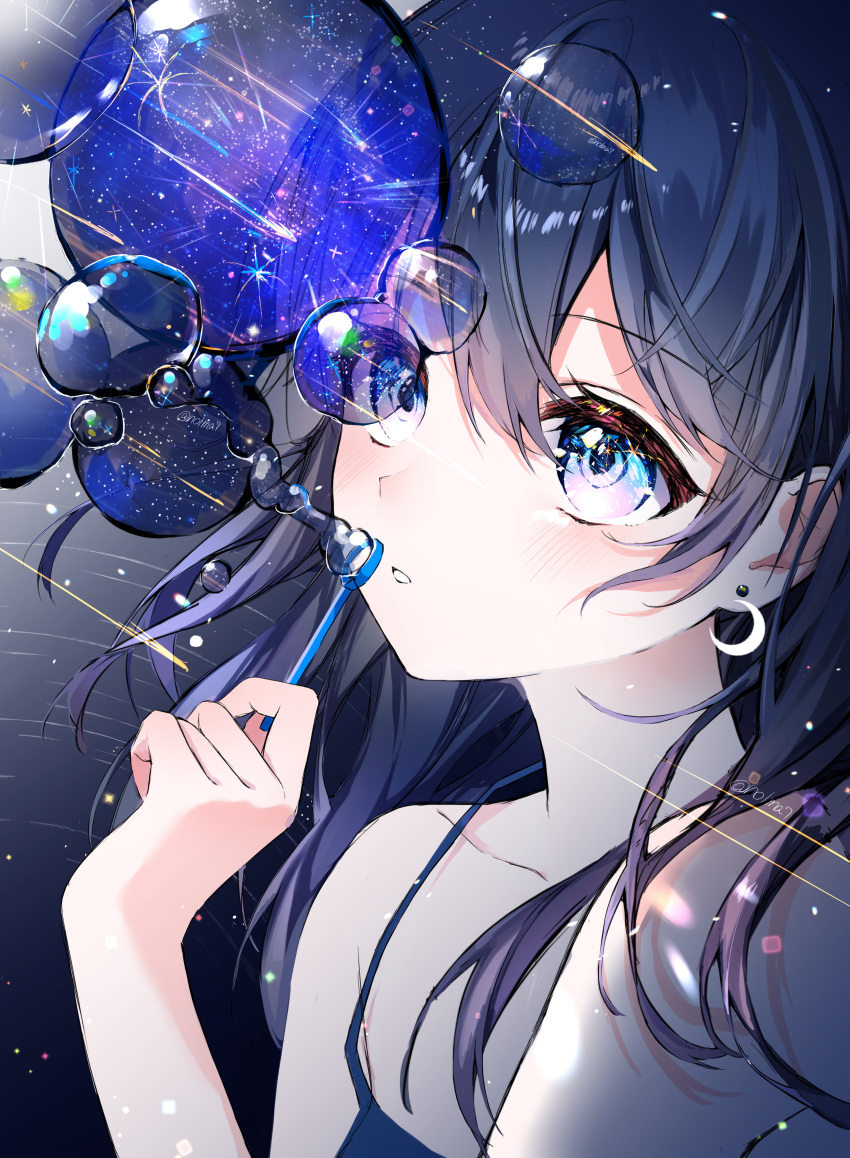 1girl absurdres bangs blue_eyes blue_hair bubble_blowing collarbone crescent crescent_earrings earrings eyebrows_visible_through_hair hair_between_eyes highres jewelry long_hair nolma7 original parted_lips shiny shiny_hair sleeveless soap_bubbles solo straight_hair strap_gap upper_body