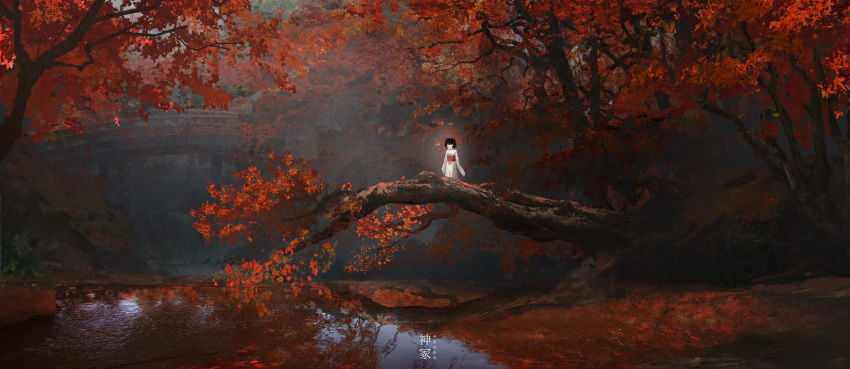 1girl autumn autumn_leaves black_hair blurry blurry_background bow bridge ghost hair_bow highres japanese_clothes kimono light maple_tree nature obi original red_bow reflection reflective_water river sash scenery short_hair sleeves_past_fingers sleeves_past_wrists solo tree white_kimono ya_yan
