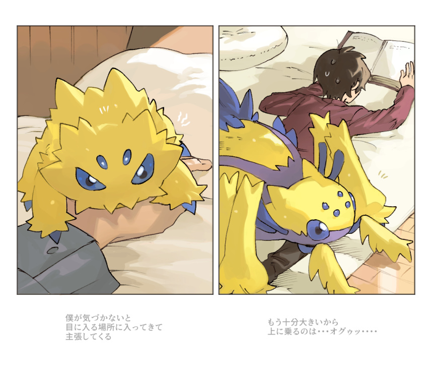 1boy arm_up blue_eyes book border brown_hair buttons commentary_request cushion evolutionary_line galvantula grey_shirt holding holding_book indoors joltik long_sleeves lying male_focus newo_(shinra-p) on_stomach pants pokemon pokemon_(creature) red_shirt rug shirt short_hair sweatdrop translation_request white_border wooden_floor yellow_fur