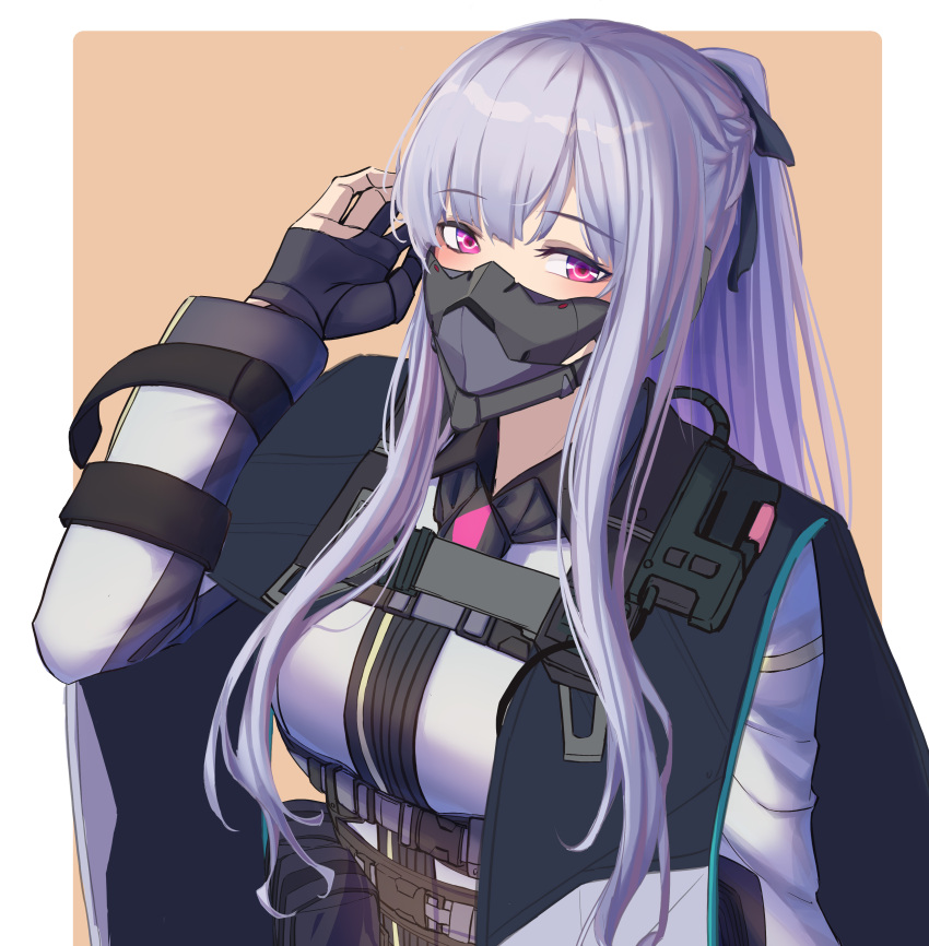 1girl 3_small_spiders absurdres ak-12_(girls'_frontline) ammunition_belt ammunition_pouch bangs black_cloak black_gloves blush braid breasts cloak commentary eyebrows_visible_through_hair fingerless_gloves girls_frontline gloves hair_ribbon hand_up highres jacket long_hair long_sleeves looking_at_viewer mask medium_breasts ponytail pouch ribbon side_braid silver_hair simple_background solo tactical_clothes upper_body violet_eyes white_jacket