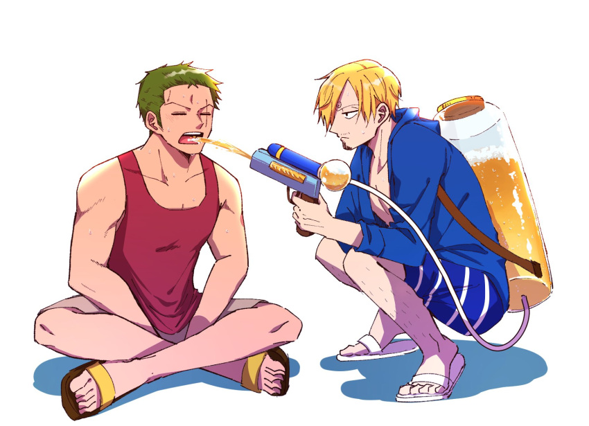 2boys alternate_hairstyle casual drinking facial_hair full_body goatee hair_over_one_eye highres jacket juice leg_hair male_focus male_swimwear multiple_boys one_piece open_clothes open_jacket pouring_onto_another red_tank_top roronoa_zoro sandals sanji short_hair sorase_(srsrs_000) squatting swim_trunks tank_top toned toned_male