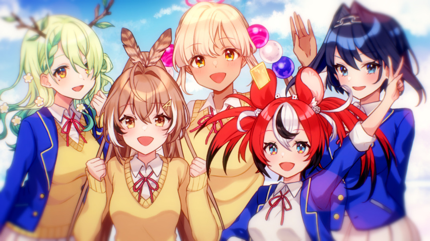 5girls :d antlers bangs blazer blonde_hair blue_eyes blue_hair blurry braid braided_bangs branch brown_eyes brown_hair card ceres_fauna clouds cloudy_sky dark_skin dice_hair_ornament feather_hair_ornament feathers flower green_hair grey_skirt hair_flower hair_ornament hairclip hakos_baelz head_chain hida6_sork highres holocouncil hololive hololive_english jacket lens_flare limiter_(tsukumo_sana) long_hair looking_at_viewer mole mole_under_eye multicolored_hair multiple_girls nanashi_mumei official_art ouro_kronii planet_hair_ornament playing_card ponytail redhead school_uniform shirt skirt sky sleeves_past_wrists smile streaked_hair tsukumo_sana v very_long_hair vest vignetting virtual_youtuber white_shirt yellow_eyes yellow_vest
