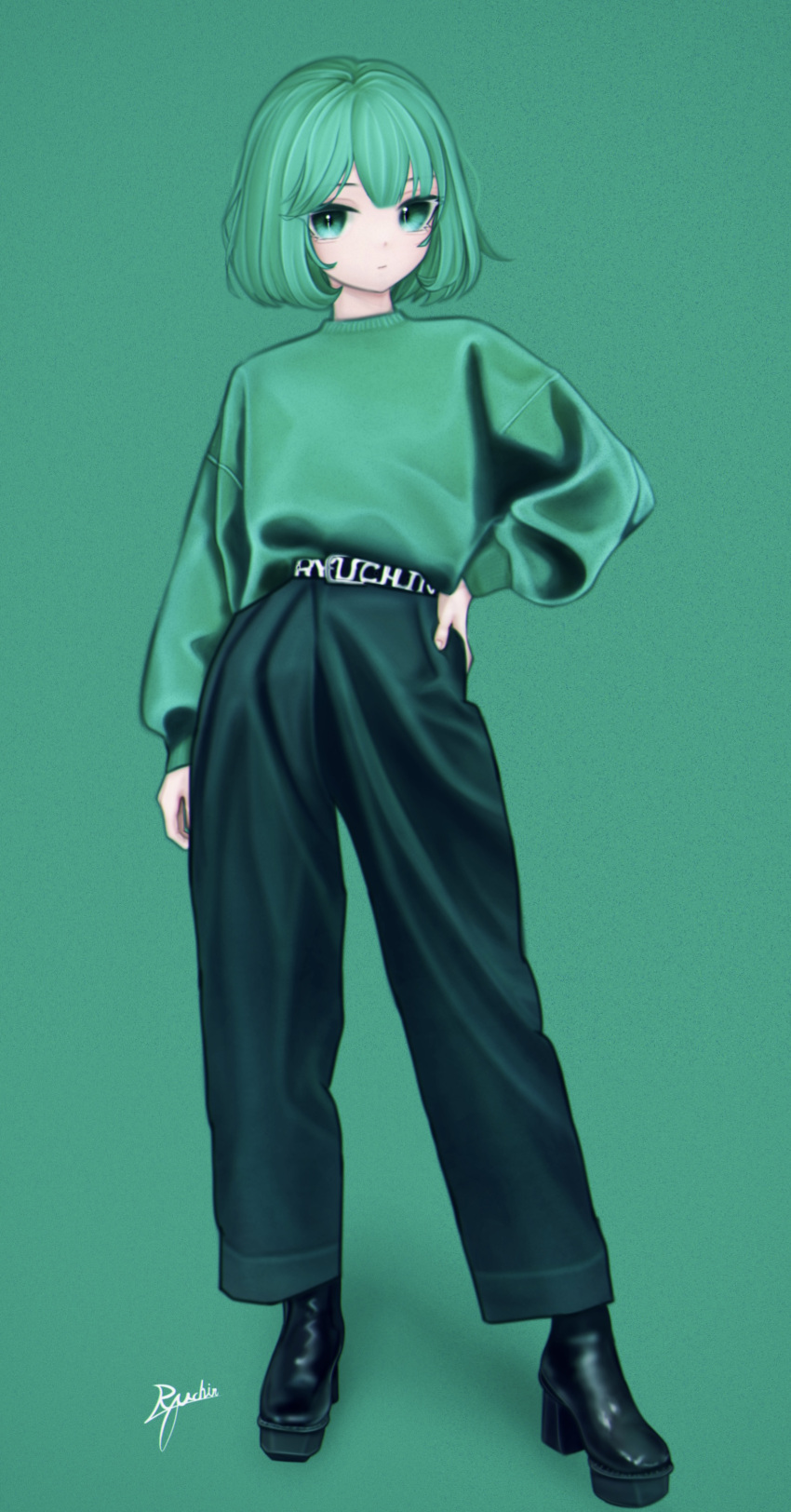 1girl absurdres bangs black_footwear boots closed_mouth full_body green_background green_eyes green_hair green_theme hand_on_hip highres looking_at_viewer messy_hair original ryuchin short_hair signature simple_background solo standing sweater