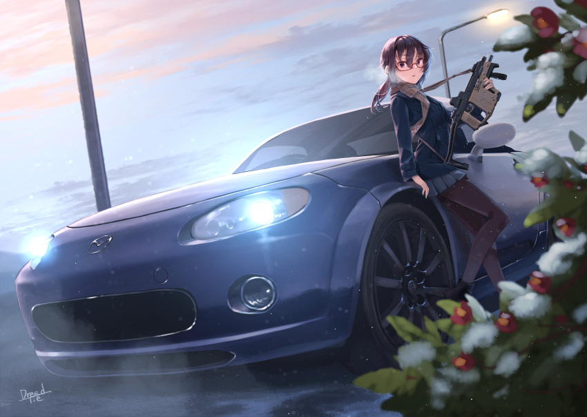 1girl absurdres artist_name bangs black_legwear blue_coat blue_skirt blurry blurry_foreground breath brown-framed_eyewear car clouds cloudy_sky coat commentary_request commission depth_of_field dreadtie dutch_angle eunos_roadster glasses ground_vehicle gun highres holding holding_gun holding_weapon logo long_sleeves makino_chizuru medium_hair miniskirt motor_vehicle original outdoors pantyhose parted_lips partial_commentary pleated_skirt ponytail scarf school_uniform semi-rimless_eyewear signature skeb_commission skirt sky solo standing standing_on_one_leg twilight under-rim_eyewear weapon weapon_request
