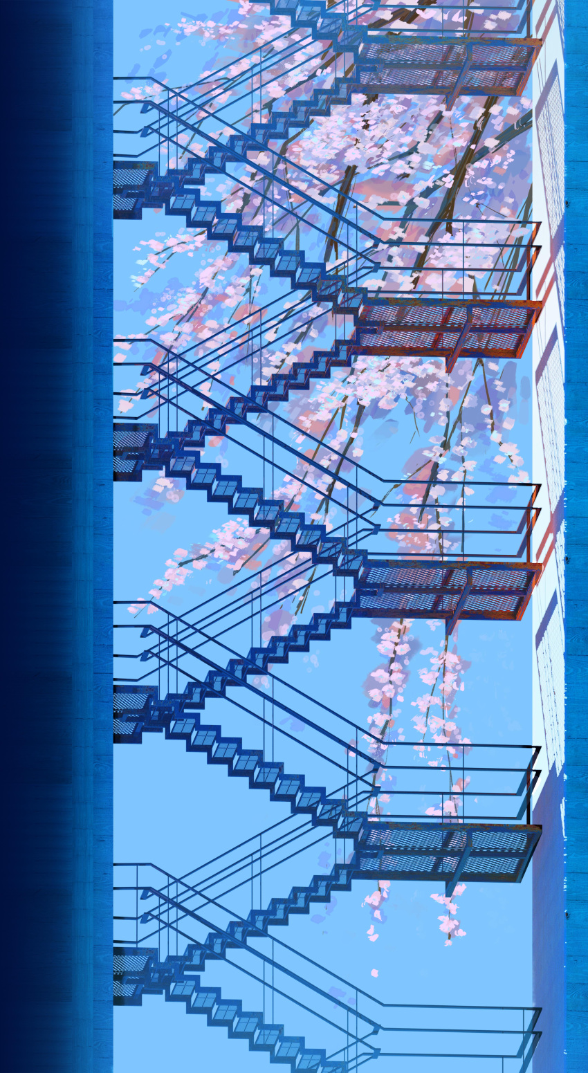 abstract abstract_background absurdres blue_sky branch building cherry_blossoms chinese_commentary chromatic_aberration cityscape concrete fence flower highres nature no_humans original perspective scenery shadow sky stairs tree walkway ya_yan