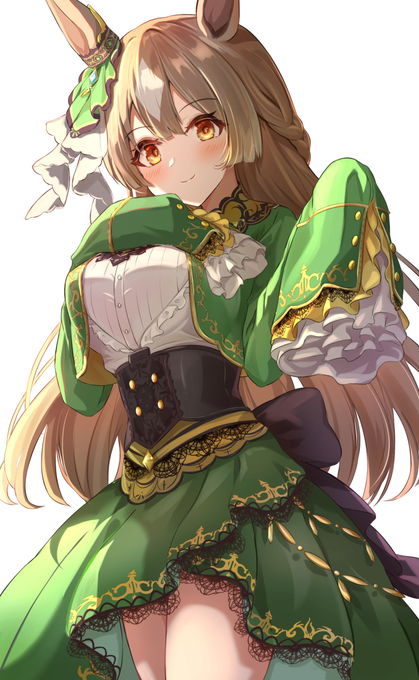 1girl animal_ears bangs blush breasts brown_eyes brown_hair commentary corset cowboy_shot cropped_jacket duplicate eyebrows_visible_through_hair frilled_sleeves frills green_jacket green_skirt hand_on_own_chest hands_up highres horse_ears horse_girl jacket long_hair looking_at_viewer pixel-perfect_duplicate satono_diamond_(umamusume) shirt skirt sky_cappuccino sleeves_past_fingers sleeves_past_wrists smile solo umamusume very_long_hair white_background white_shirt