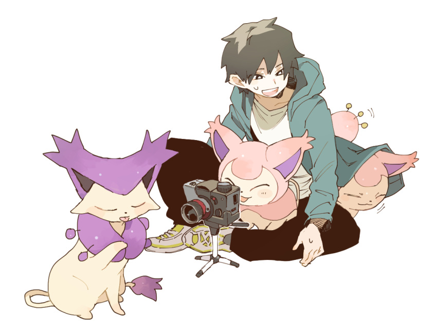 1boy :d bangs black_eyes bright_pupils camera cat commentary_request delcatty green_jacket jacket long_sleeves male_focus newo_(shinra-p) open_clothes open_jacket open_mouth pants pokemon pokemon_(creature) shirt shoes short_hair sitting skitty smile sneakers sweatdrop teeth tongue upper_teeth white_background white_pupils white_shirt