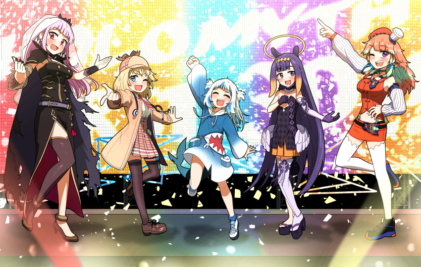 5girls :d ;d absurdres aqua_hair arm_up bangs black_dress black_gloves black_legwear black_nails blonde_hair blue_eyes blue_hair blunt_bangs clenched_hand coat commentary_request ddolbang detached_sleeves dress english_commentary eyebrows_visible_through_hair fish_tail full_body gawr_gura gloves halo hand_on_hip hat high-waist_skirt high_heels highres hololive hololive_english holomyth hood hoodie korean_commentary long_hair long_sleeves looking_at_viewer low_wings mixed-language_commentary mori_calliope multicolored_hair multiple_girls multiple_hats nail_polish ninomae_ina'nis one_eye_closed open_mouth orange_hair pink_hair platform_footwear pleated_skirt pointing pointing_at_viewer purple_hair red_eyes shark_tail sharp_teeth short_hair single_detached_sleeve single_thighhigh skirt smile stage stethoscope streaked_hair tail takanashi_kiara teeth thigh-highs two-tone_hair two_side_up veil very_long_hair violet_eyes virtual_youtuber watson_amelia white_hair white_legwear white_wings wings