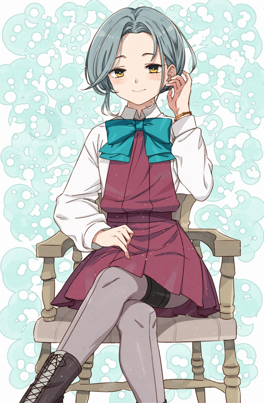 1girl absurdres aqua_bow aqua_bowtie blush boots bow bowtie closed_mouth collared_shirt commission cross-laced_footwear dress feet_out_of_frame grey_hair grey_legwear highres kanmiya_shinobu kantai_collection lace-up_boots long_sleeves pantyhose pleated_dress purple_dress shirt short_hair sitting skeb_commission smile solo tamanami_(kancolle) white_shirt yellow_eyes