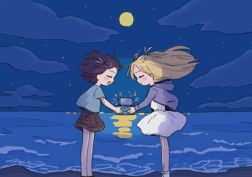 1nupool 2girls ahoge ankle_socks backlighting bangs bare_legs beach blonde_hair blue_shirt blush_stickers bobby_socks box brown_hair brown_shorts closed_eyes closed_mouth clouds cloudy_sky dark dress facing_another feet_out_of_frame floating_hair frilled_legwear frills from_side full_moon hair_ribbon highres holding holding_box holding_toy hood hood_down hooded_jacket horizon jacket lavender_ribbon leaning_forward legs_together long_hair long_sleeves moon moonlight multiple_girls music_box night night_sky ocean open_clothes open_jacket open_mouth original outdoors outstretched_arms pocket profile purple_jacket purple_ribbon reflection reflective_water ribbon scenery shirt shore short_dress short_hair short_sleeves shorts sky smile socks sparkle standing star_(sky) t-shirt toy u_u water waves white_dress white_legwear white_ribbon wind
