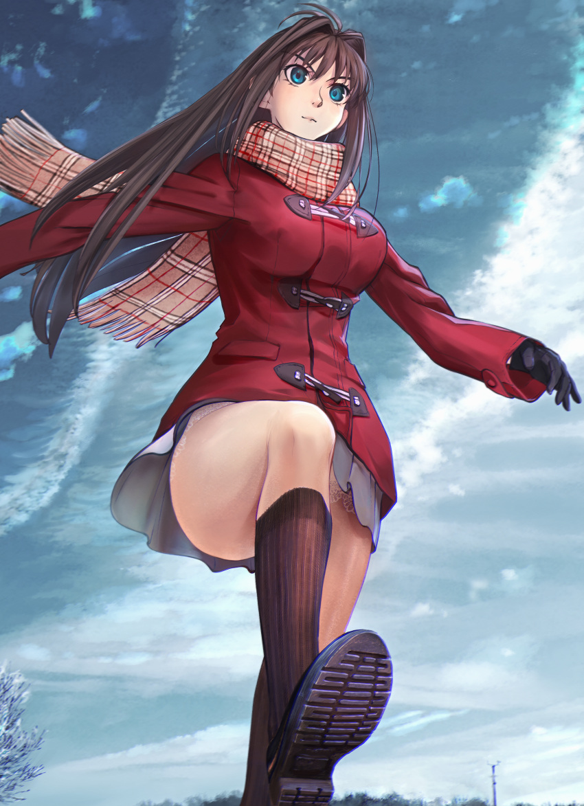 1girl absurdres antenna_hair aozaki_aoko black_gloves black_legwear blue_eyes blue_sky breasts brown_hair closed_mouth clouds commentary eyebrows_visible_through_hair gloves hair_intakes highres jacket large_breasts long_sleeves mahou_tsukai_no_yoru mameneko_2 miniskirt outdoors plaid plaid_scarf red_jacket scarf skirt sky soles solo thighs white_skirt winter winter_clothes